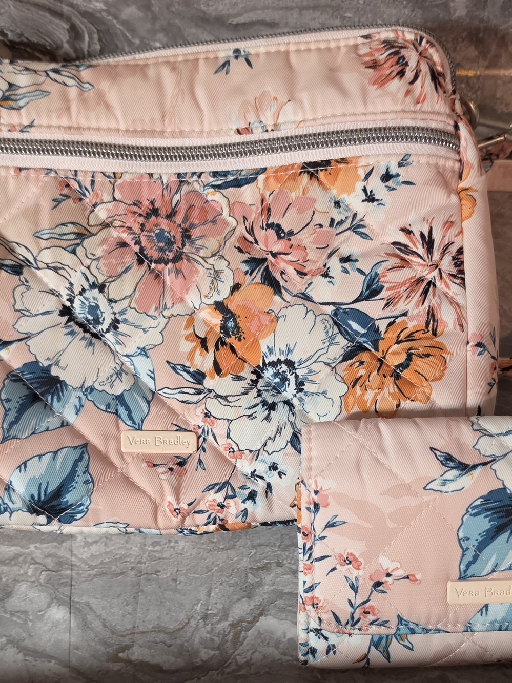 Vera Bradley Triple Compartment Crossbody & Riley In Peach Blossom Bouquet